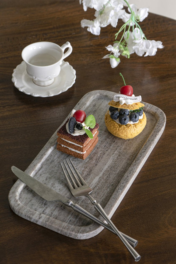 English Elm 12x6" Gray Marble Tray with Raised Edges — Natural Rectangular Organizer for Candles, Decor, Centerpieces W2078P407026