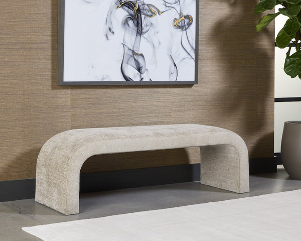 Sunpan NAHARA Bench - Stylish Arch-Shaped Seating in Bergen Olive for Modern Living Spaces and Entryways Taupe 112561