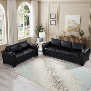 English Elm Two Two-Piece 5-Seater Sofa Set with Cup Holder & Storage, Polyester Upholstery, Solid Wood Frame, Coil Spring Seats, Removable Covers, Modern Square Arm Design for Living Room Comfort and Durability Black W1097S00203