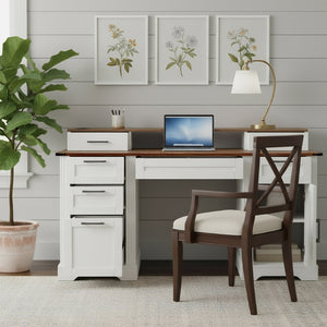English Elm 59" Fluted Oak L-shaped Corner Desk with Charging Station Monitor Stand and File Storage White W2917S00006