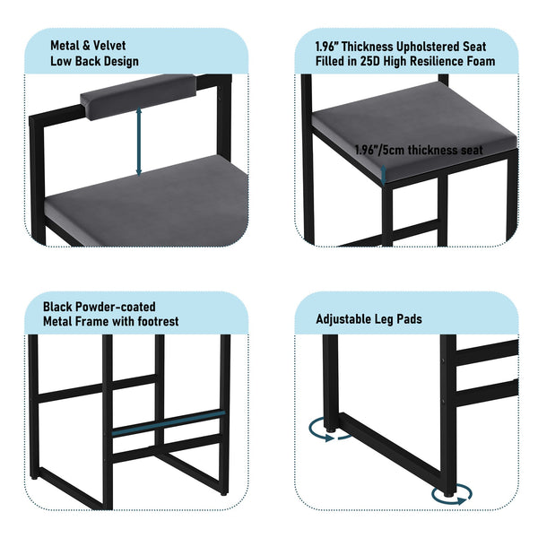 English Elm Bar Velvet Counter Height Bar Stools Set of 2 – Plush Gray Velvet, Matte Black Frame, 25.6" Seat W1757P310421