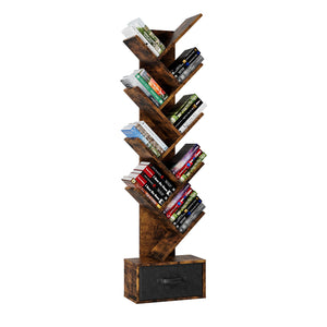 English Elm 9 Tier Tree Bookshelf with Drawer — Rustic Brown 9-Shelf Vertical Bookcase, Space-Saving Storage, Sturdy MDF Organizer (55.5") W578P207919