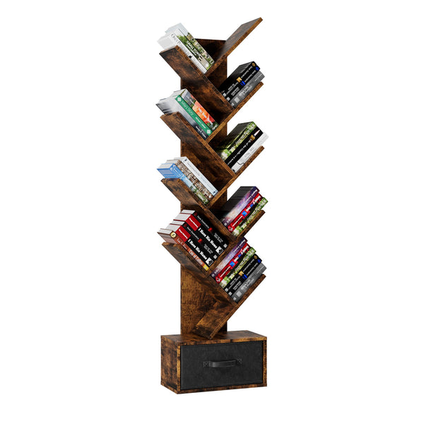 English Elm 9 Tier Tree Bookshelf with Drawer — Rustic Brown 9-Shelf Vertical Bookcase, Space-Saving Storage, Sturdy MDF Organizer (55.5") W578P207919