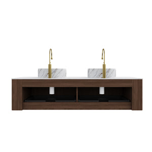 English Elm Dina 60" Wall-Mounted Bathroom Vanity With Curved Sinks, Dark Walnut Cabinet & Soft-Close Drawers W2615S00497