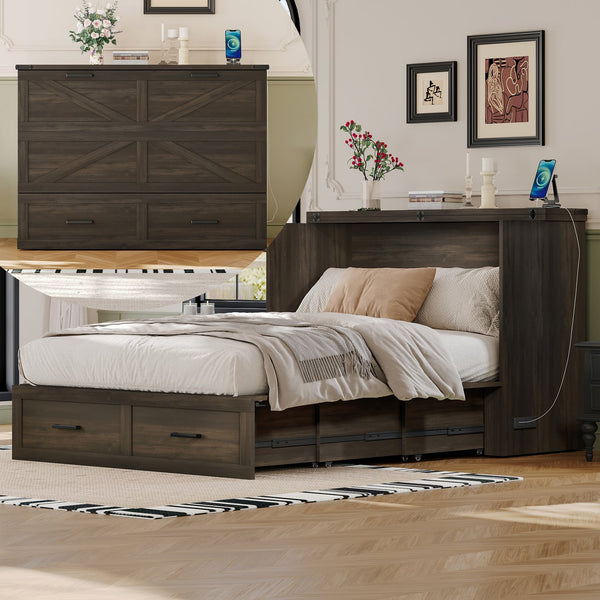 English Elm Full Farmhouse Murphy Cabinet Bed with Charging Station and Large Drawers, Space-Saving Guest Solution Gray 52.25 L x 26.25 W x 5.25 H N733S237853G
