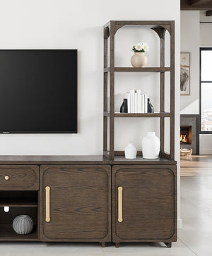 English Elm Transitional Vellara Entertainment Center Dark Walnut Finish 118"W x 78"H Recessed Panels, Gold Handles B2741S00692