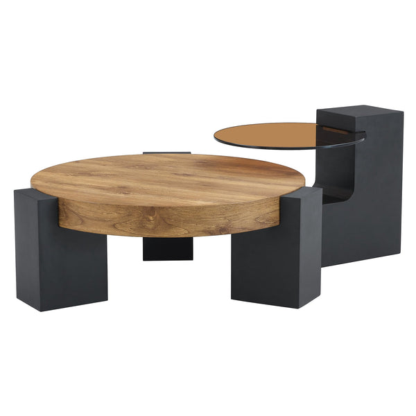 English Elm Modern Double-Layer Round Coffee Table with Tinted Glass Top, Detachable L-Shaped Legs, Versatile Stylish Centerpiece Black,Wood 30.71 L x 29.53 W x 12.99 H W1512P401778
