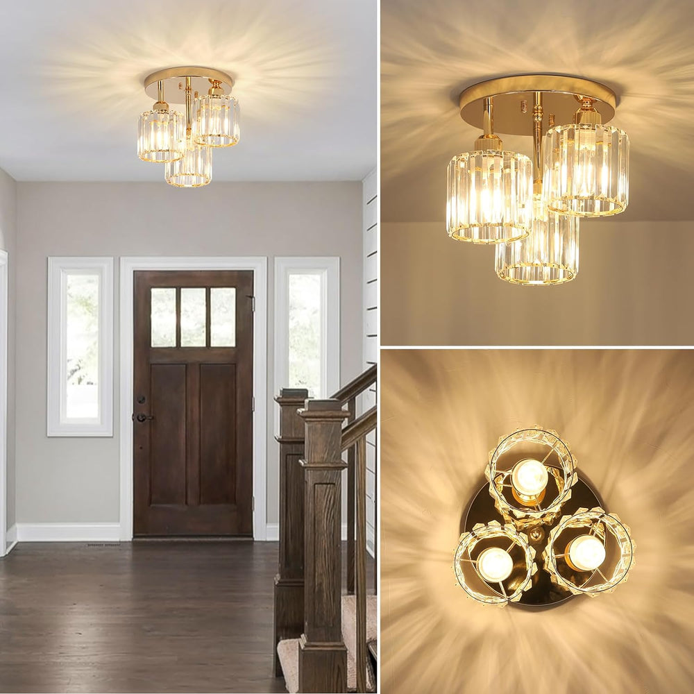English Elm Modern Semi Flush Mount Crystal Ceiling Light - 3-Light Golden Fixture with Clear Prismatic Shades for Bedroom Hallway Kitchen Bath W2738P185420