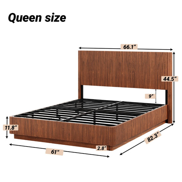 English Elm Queen Bed Frame with Led Lighting Curved Groove Panels and Floating Base Modern Bedroom Walnut W1820S00049