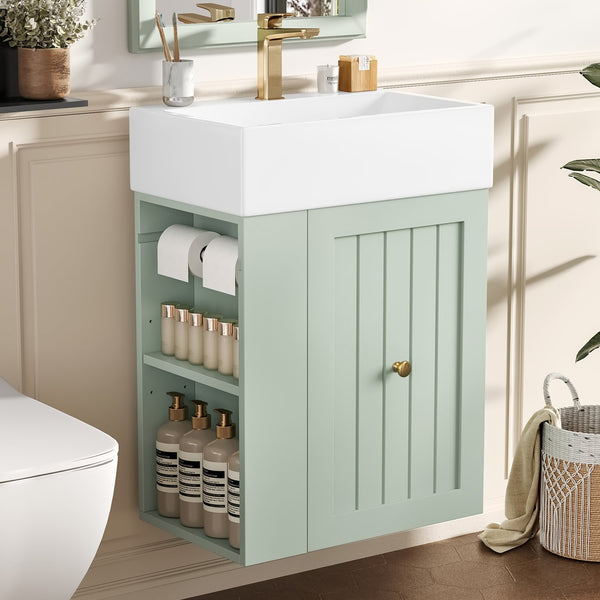 English Elm 20-Inch Compact Bathroom Vanity with Ceramic Sink, Wall-Mounted MDF Cabinet, Modern Space-Saver Design Green N725P314023F