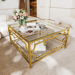 English Elm Square Glass Coffee Table 33.5" — Modern Tempered Glass Top with Gold Geometric Metal Frame & Shelf Transparent N735P326510K