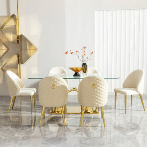 English Elm Luxury Gold Pvd Steel Rectangular Dining Table with Black Tempered Glass Seats Six W2723S00084