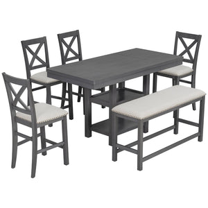 English Elm U_style Rubberwood Farmhouse Bar Table Set Expandable Crossback Chairs Bench Seating Grey WY000534AAE