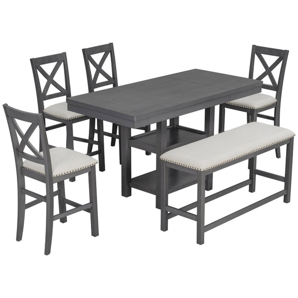 English Elm U_style Rubberwood Farmhouse Bar Table Set Expandable Crossback Chairs Bench Seating Grey WY000534AAE