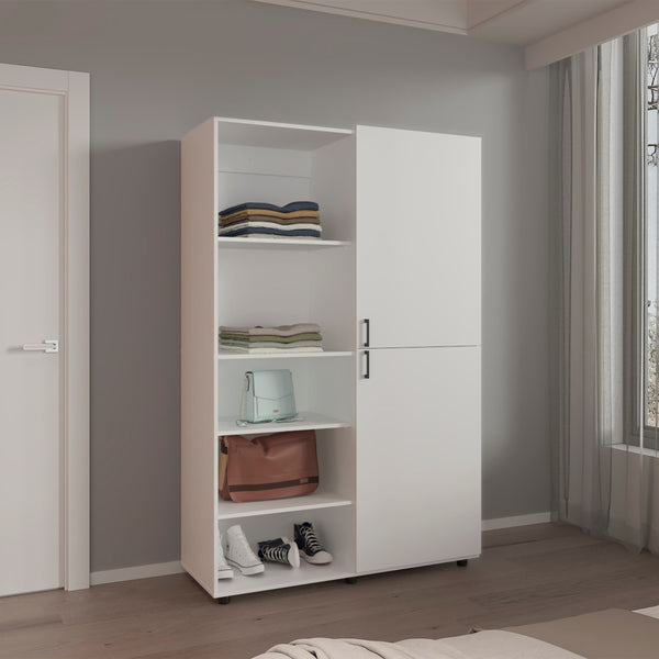 English Elm Wardrobe Spacious 72.4" H Two-Door Engineered Wood Closet with Five Shelves, Six Legs, Modern Appeal White 40.94 L x 29.13 W x 5.51 H B097S00204