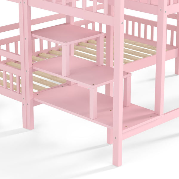 English Elm Full Bunk Bed with Trundle Bookshelf Storage Pine Frame Car Design for Kids W1580S00302