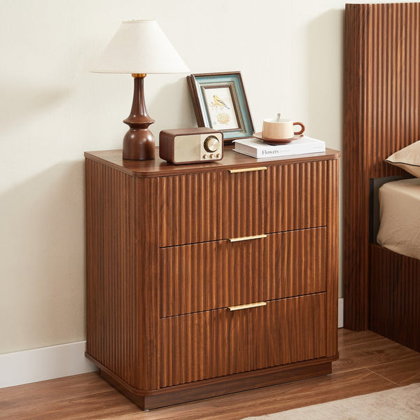 English Elm 3 Drawer Walnut Dresser Set with Curved Wave Corners, Waterproof Top, Modern Nightstands for Bedroom W1820P337284