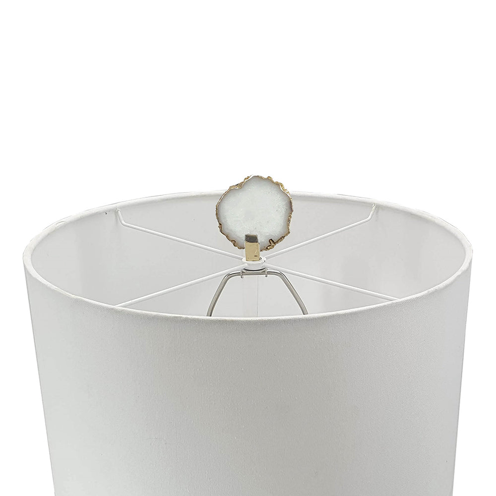 English Elm D14x29.5" Smoke Agate Slice Marble Base Lamp with White Drum Shade & Agate Finial — Elegant Natural Accent W2078P395552