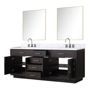 English Elm Black Oak Double Bath Vanity Ensemble With Carrara Marble Top, Faucets, And Stylish Mirrors Included B2731S02178