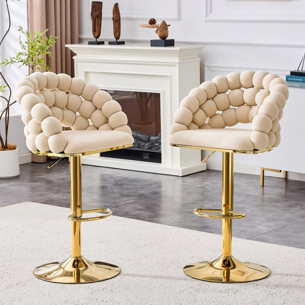 English Elm Set of 2 Velvet Barstools Sculptural Bubble Back Gold Legs Adjustable Kitchen Seating W3875P370839