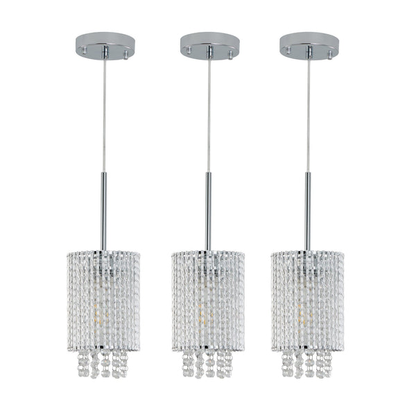 English Elm 5" Modern Crystal Pendant Light 3-Pack Adjustable Chrome Ceiling Fixture with Clear Beads, Slim Elegant Design for Kitchen Island, Dining Room, Living Room W2312P374972
