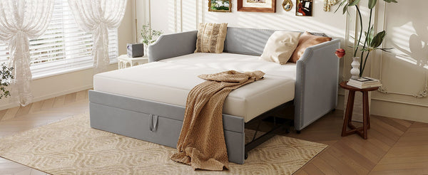 English Elm Twin Velvet Upholstered Daybed with Pop up Trundle for Guest or Kids Rooms Gray SF000197AAE