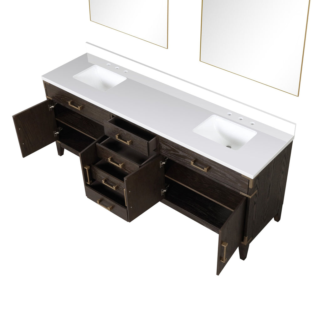 English Elm Brown Oak Double Bath Vanity Set With Cultured Marble Top & 36" Mirrors | Stylish Storage Solution B2731S01624