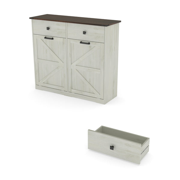 English Elm Farmhouse Barn Door Tilt-Out Trash Cabinet with Waterproof Woodgrain Top, 2 Drawers, 2x10gal Storage W2557P237960