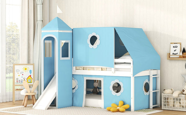 English Elm Twin Castle Loft Bed with Slide Tent Tower and Play Space for Kids Rooms Blue N708P249511C