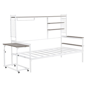 English Elm Twin Metal Daybed With Movable Desk, Shelves & Clothes Hanger - Ideal For Small Spaces & Dorms! N737P199195K-GIGA