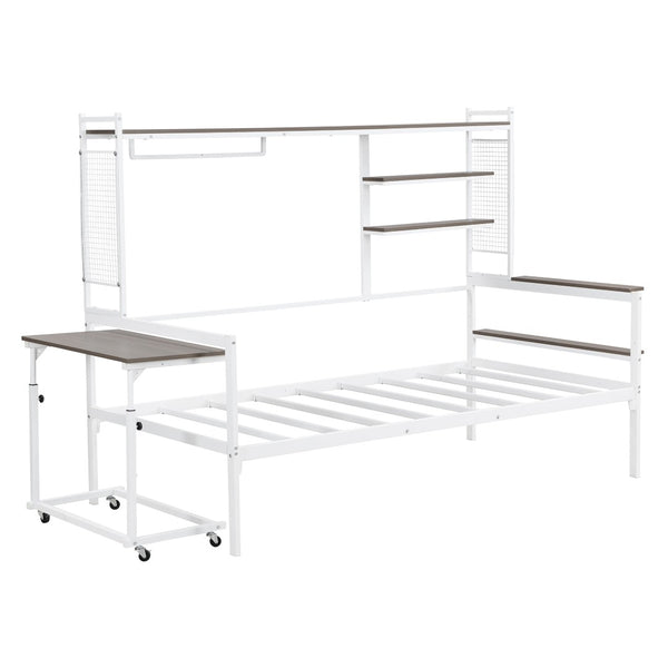 English Elm Twin Metal Daybed With Movable Desk, Shelves & Clothes Hanger - Ideal For Small Spaces & Dorms! N737P199195K-GIGA