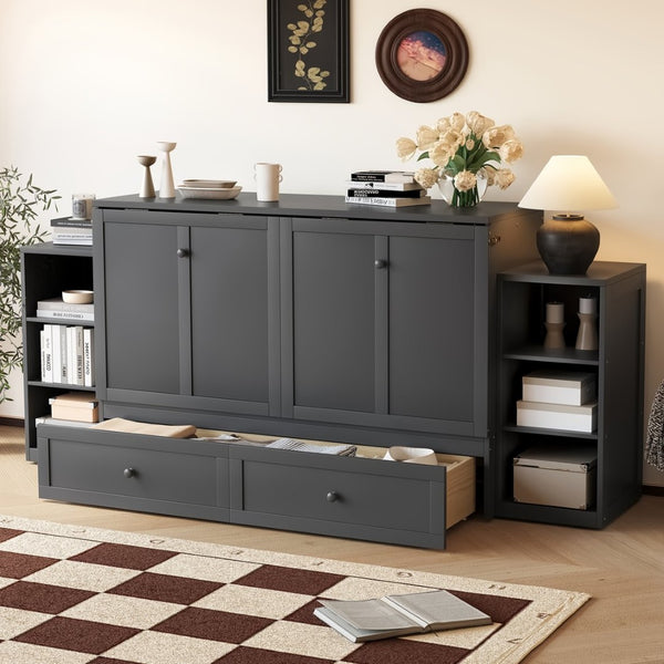 English Elm Queen Vintage Dark Gray Murphy Bed With Storage Drawers & Shelves - Perfect For Compact Spaces! W1580S00257-GIGA