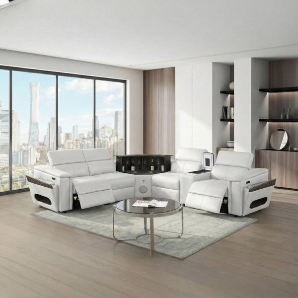 English Elm Nova Entertainment Sectional Sofa with Led Bar Fridge Console and Bluetooth Speaker White B009S02170