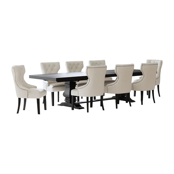 English Elm Beige Wingback 7 Piece Dining Set with Tufted Chairs and Trestle Extension Table B062S01822