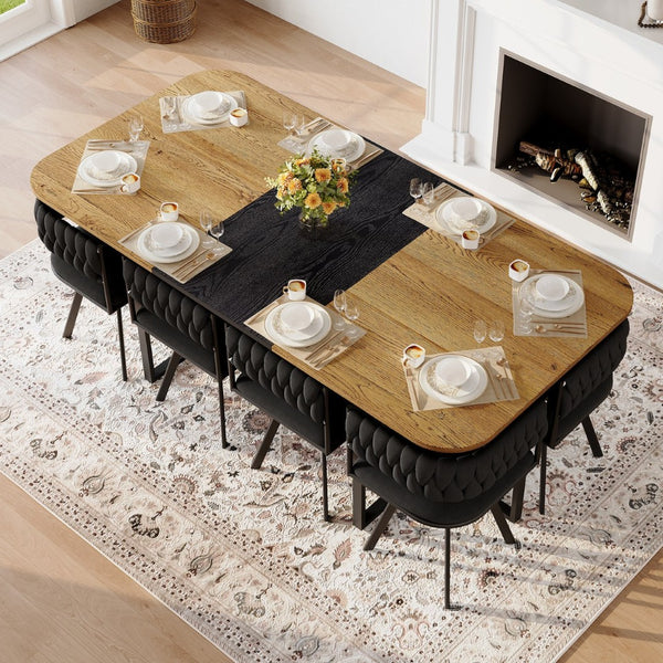 English Elm 9-piece Square Dining Set Velvet Upholstered Chairs Two-tone Tabletop Seats 8 Black,Wood W3875S00142