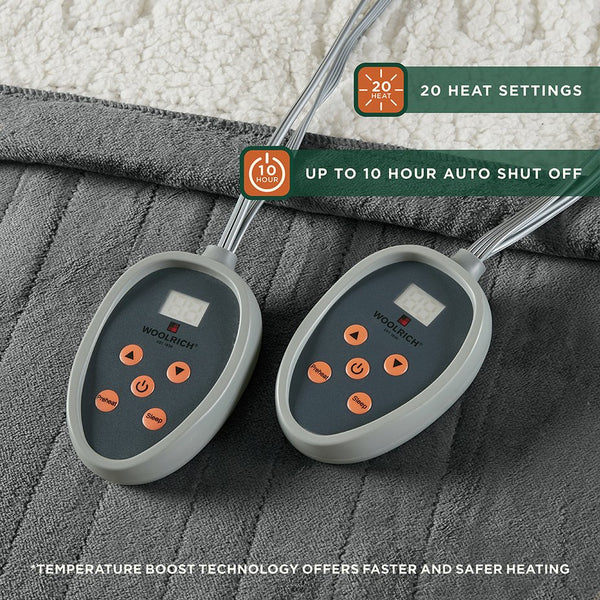 JLA Home Woolrich - Blanket Woolrich heated with Secure Comfort Technology, dual-sided plush, 20-temp control, 5-yr warranty Grey WR54-1741