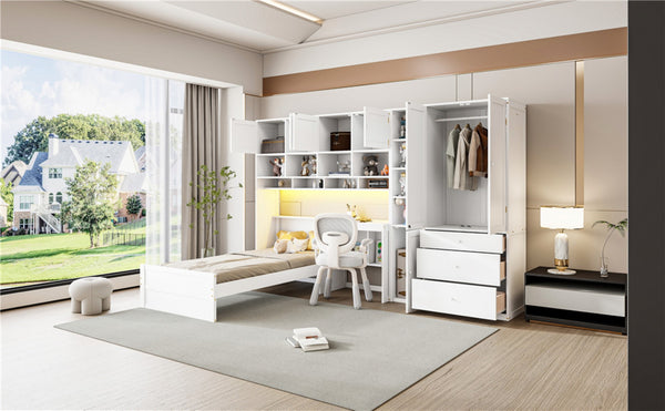 English Elm Wooden Twin Loft Bed with Built-in Desk Wardrobe Storage Drawers and Led Lighting N820S00069K