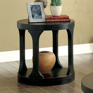 English Elm Transitional Bold Round End Table with I-Shaped Legs and Lower Shelf for Stylish Storage and Decor Antique Black 26 L x 26 W x 9 H B2741P357294
