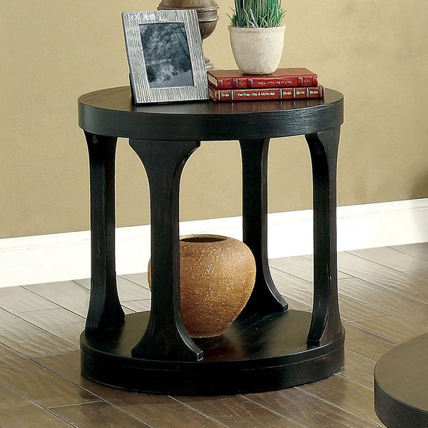 English Elm Transitional Bold Round End Table with I-Shaped Legs and Lower Shelf for Stylish Storage and Decor Antique Black 26 L x 26 W x 9 H B2741P357294