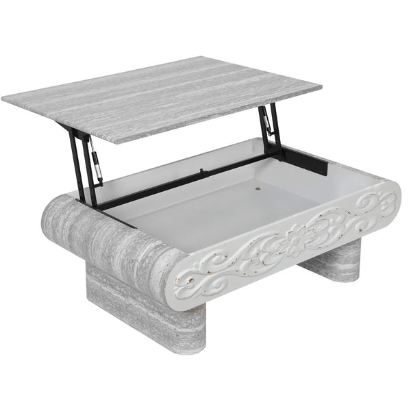 English Elm Rounded Edge Coffee Table Solid Wood Engraved Drawer Modern Living Room Storage Beige+Grey W3040P428762