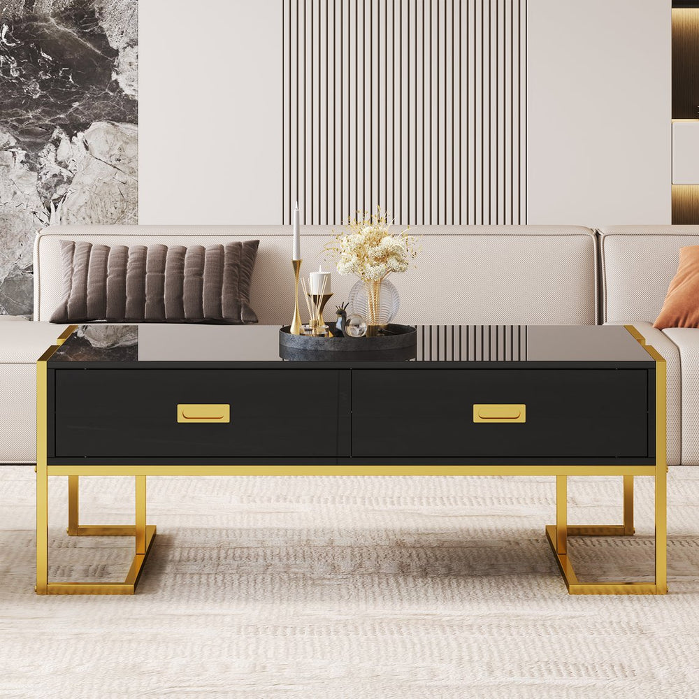 English Elm Modern 47.3" Black Rectangular Coffee Table with Gold Metal Base, 4 Spacious Drawers, Durable Design N735P305626B