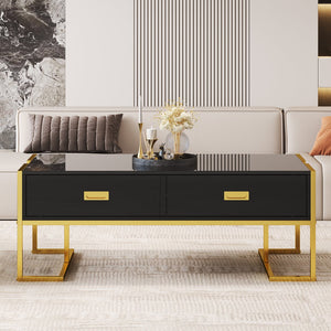English Elm Modern 47.3" Black Rectangular Coffee Table with Gold Metal Base, 4 Spacious Drawers, Durable Design N735P305626B