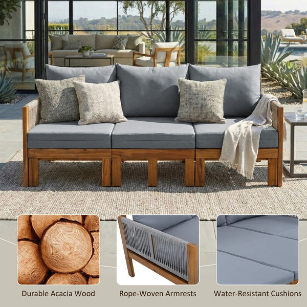 English Elm Outdoor Acacia Wood Dining Set Seats Six with Cushioned Armrest Chairs for Patio Grey,Natural Wood N719Z000220E