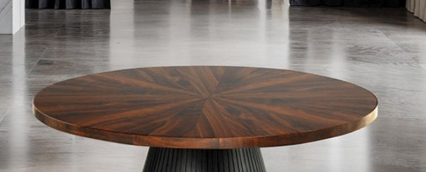 English Elm Contemporary Round Coffee Table With Parquet Top And Textured Black Drum Base For Modern Living Spaces B2741S00623