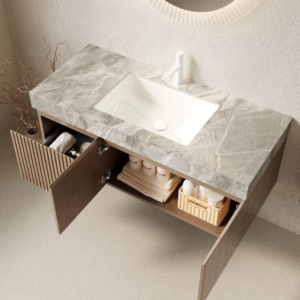 English Elm Muri Floating Bathroom Vanity Plywood Cabinet Sintered Stone Top Oak Veneer Drawer W2615S00590