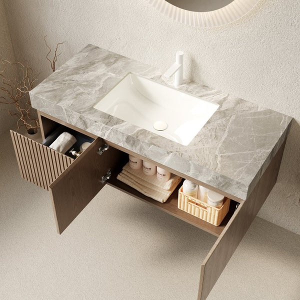 English Elm Muri Floating Bathroom Vanity Plywood Cabinet Sintered Stone Top Oak Veneer Drawer W2615S00590