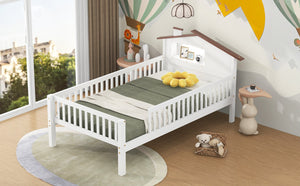 English Elm Twin House-Shaped Platform Bed with Built-In Storage, LED Accent Lighting and Rustic Pine Charm (95) White N709P184429K