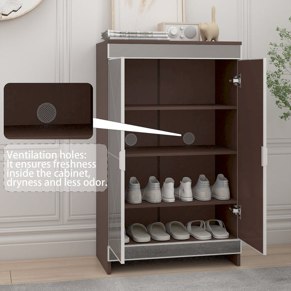 English Elm Elegant Mirrored Cabinet with Frosted Glass Carvings, Vertical Shoe Storage, Silver Handles 49x16x8" W760P196538