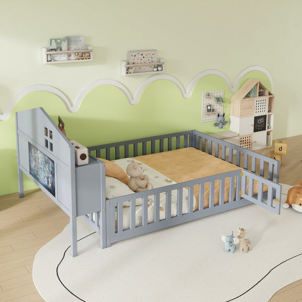 English Elm Full-size Montessori Floor Bed with Built-In Bookcase and Chalkboard, Space-Saving Solid Wood Platform for Kids Grey 56.3 L x 17.32 W x 5.31 H W1716S00013