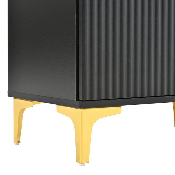 English Elm ON-TREND Modern Luxury Hall Tree with Cushioned Bench, Fluted Doors, 8 Gold Hooks & Adjustable Shelf Black N721P192814B